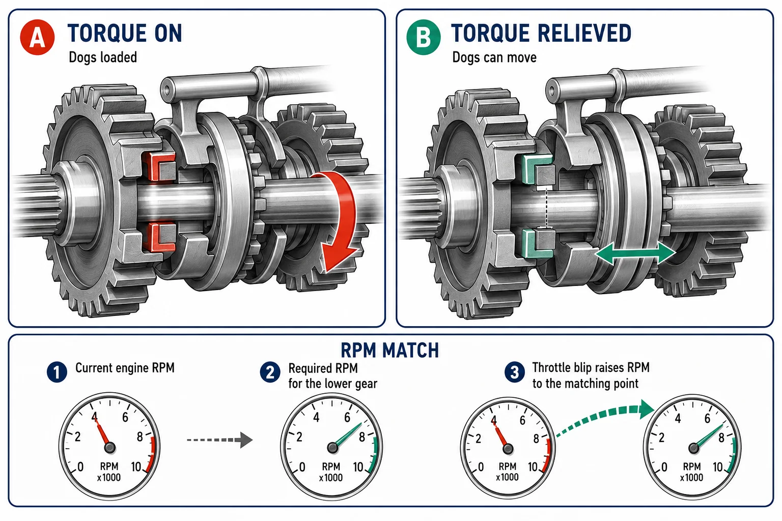 A simple cutaway of a dog gear engagement, showing the square dog teeth lined up between two gears. Left panel labelled “torque on, dogs jammed” with the teeth wedged together. Right panel labelled “torque relieved, dogs slip” with a small gap between them. Below the gears, a tachometer showing engine RPM with two arrows pointing to the correct match speed for the next-lower gear, illustrating what a rev-match achieves.